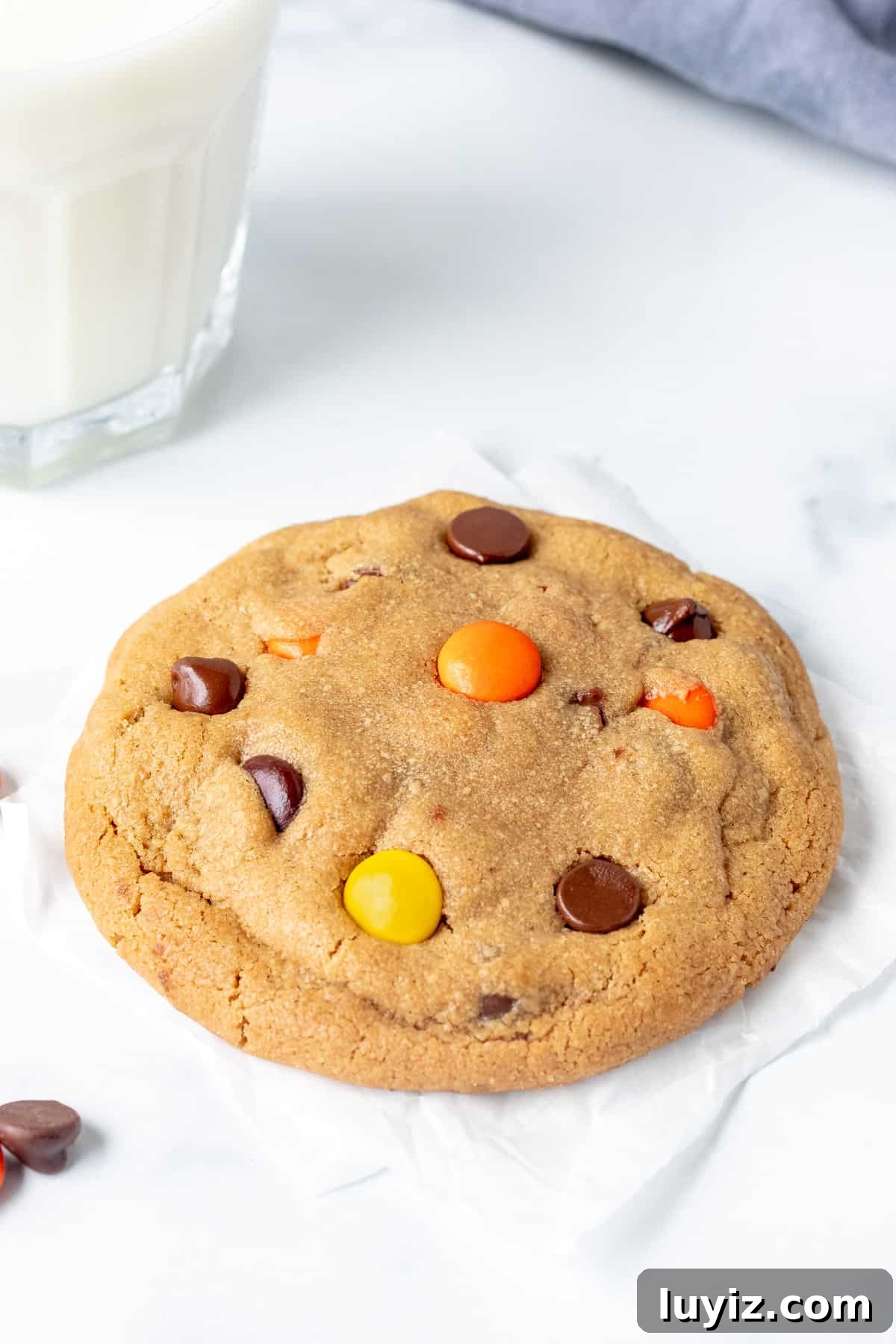 Reese's Pieces Peanut Butter Cookies — Ultimate Recipe Guide 7 Bakery style peanut butter cookie with glass of milk