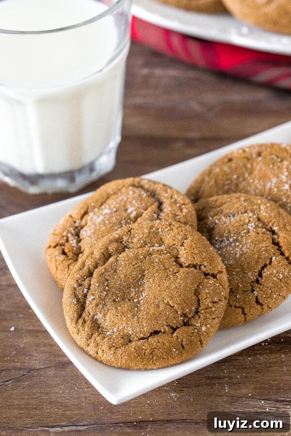 Soft Chewy Ginger Molasses Cookies Recipe 2 A plate of soft, chewy ginger molasses cookies rolled in sugar with a glass of milk