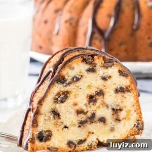 Ultimate Chocolate Chip Bundt Cake Recipe for Moist, Gooey Slices 4 Slice of chocolate chip bundt cake on a plate with glass of milk.