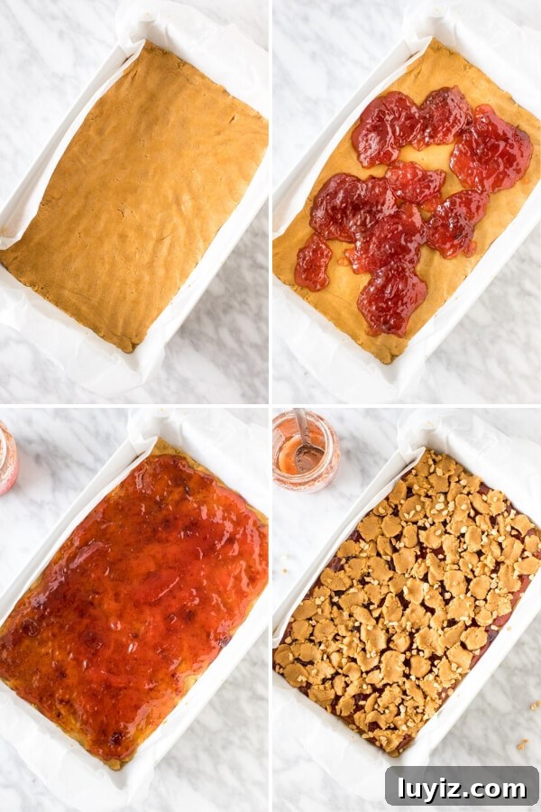 Peanut Butter and Jelly Bars Recipe — Chewy Jam-Filled Squares 4 4 step-by-step photos of how to assemble peanut butter and jelly bars.