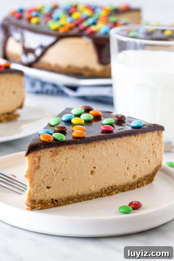 Monster Cookie Cheesecake Recipe: Decadent Layered Dessert Guide 2 Slice of monster cookie cheesecake with a glass of milk. 2nd piece of cheesecake and entire cheesecake in the background.