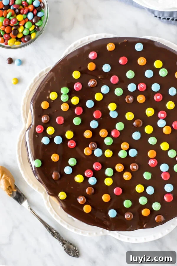Monster Cookie Cheesecake Recipe: Decadent Layered Dessert Guide 3 Cheesecake topped with chocolate ganache and M&M candies on a white plate, shot from above.
