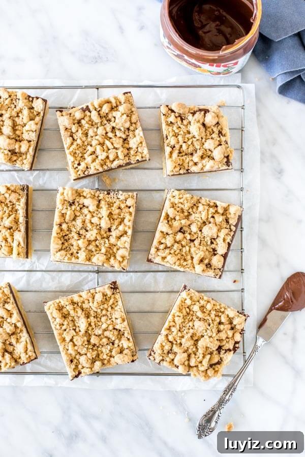 Chewy Nutella Crumb Bars with Chocolate Swirls 3 9 slices of shortbread bars with crumb topping on a cooling rack.