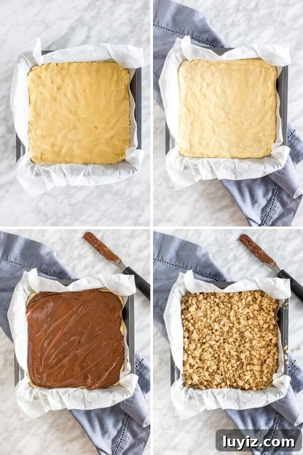 Chewy Nutella Crumb Bars with Chocolate Swirls 4 Collage showing 4 steps of assembling nutella crumb bars.