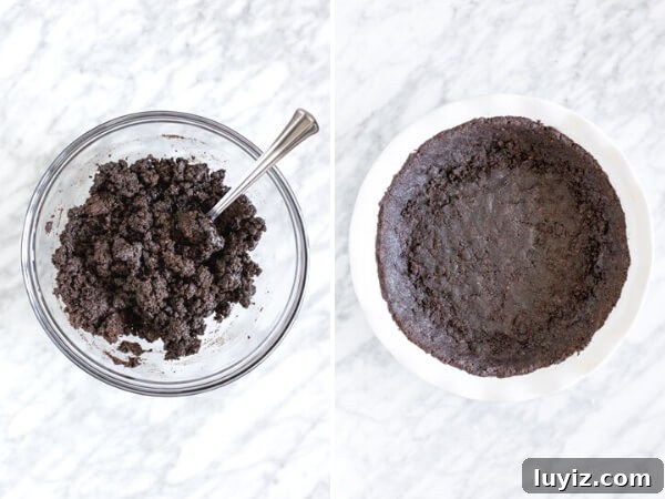 Decadent Chocolate Mousse Pie Recipe with Silky Ganache 4 2 step collage showing how to make Oreo cookie crust for pie