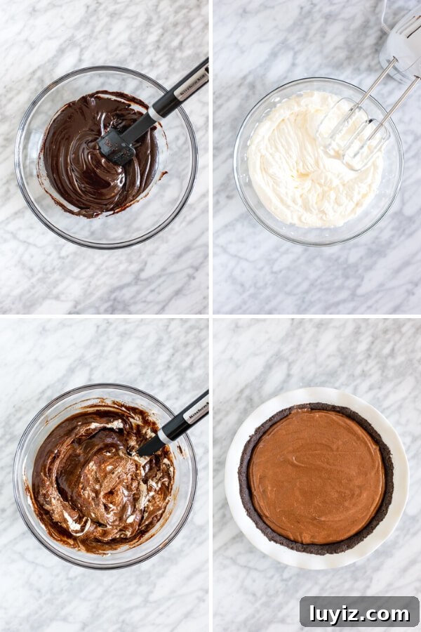Decadent Chocolate Mousse Pie Recipe with Silky Ganache 5 Collage of 4 step process for making chocolate mousse pie filling
