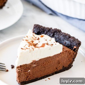 Decadent Chocolate Mousse Pie Recipe with Silky Ganache 7 Slice of chocolate mousse pie with whipped cream on a white plate.