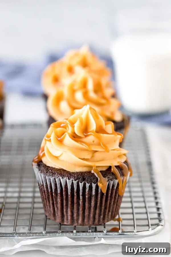 Silky Caramel Frosting Recipe for Cakes and Cupcakes 2 Chocolate cupcakes with caramel frosting drizzled with caramel sauce on a wire rack.