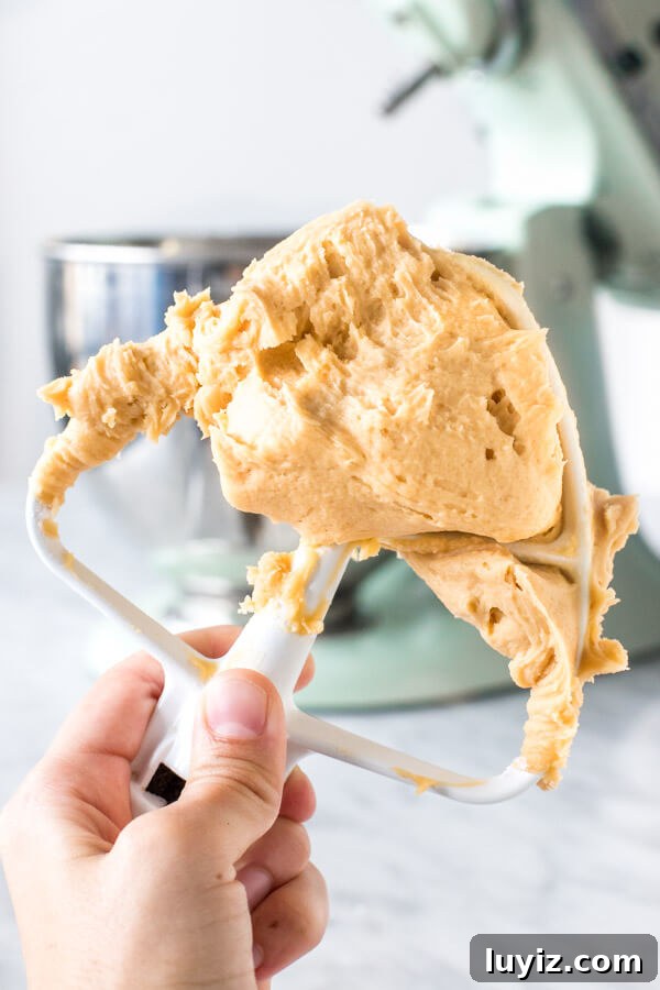 Silky Caramel Frosting Recipe for Cakes and Cupcakes 3 Paddle attachment of mixer with caramel frosting.