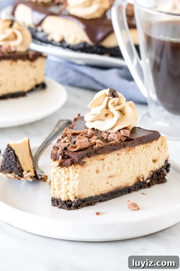 Decadent Coffee Cheesecake Recipe for Coffee Lovers 5 Slice of coffee cheesecake with chocolate ganache on top on a plate with a bite taken out of it.
