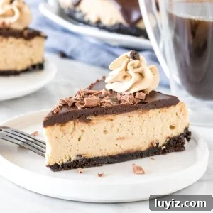 Slice of coffee cheesecake on a plate with a second piece of cheesecake and the rest of the cheesecake in the background.