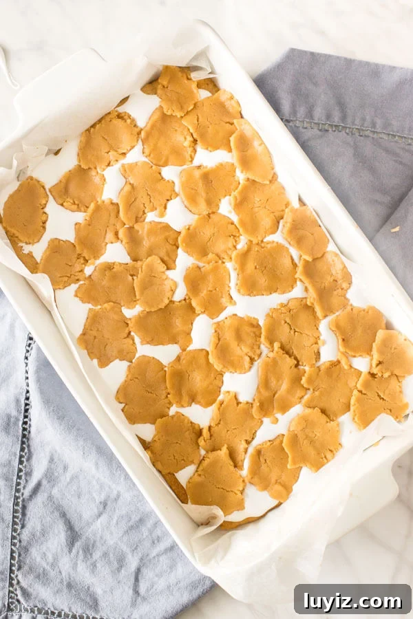 Fluffernutter Bars Recipe: Classic Peanut Butter & Marshmallow Squares 4 Pan of unbaked fluffernutter bars.