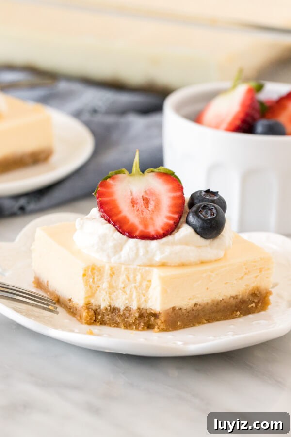 Creamy Cheesecake Bars Recipe for Crowd-Pleasing Desserts 2 Cheesecake square with whipped cream and berries on top.