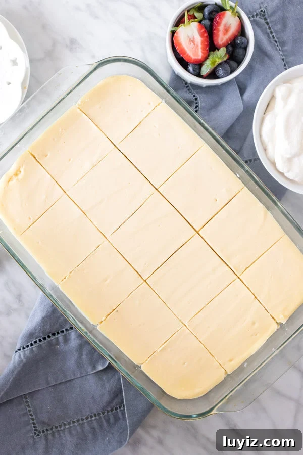 Creamy Cheesecake Bars Recipe for Crowd-Pleasing Desserts 3 9x13 inch pan of cheesecake, cut into squares.