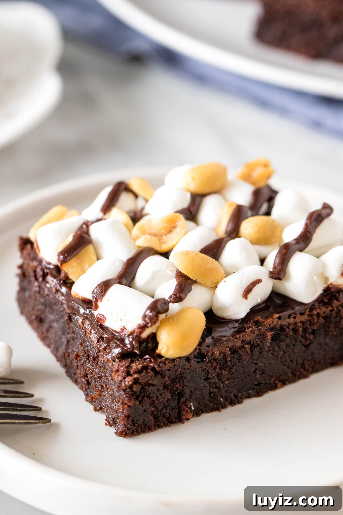 Decadent Rocky Road Brownies Recipe with Chocolate & Marshmallows 2 Piece of rocky road brownie topped with marshmallows and peanuts