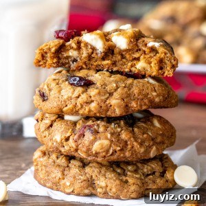 White Chocolate Cranberry Oatmeal Cookie Recipe for Chewy Bliss 5 Stack of white chocolate cranberry oatmeal cookies with top cookie broken in half