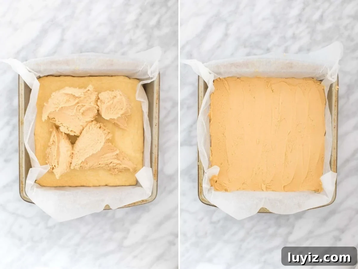 Peanut Butter Shortbread Bars Recipe — Buttery, Crunchy Treat 4 2 photos of adding the peanut butter layer on top of the shortbread base.
