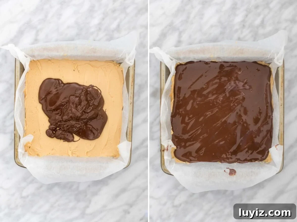 Peanut Butter Shortbread Bars Recipe — Buttery, Crunchy Treat 5 Adding chocolate topping to shortbread peanut butter bars - collage of 2 photos.