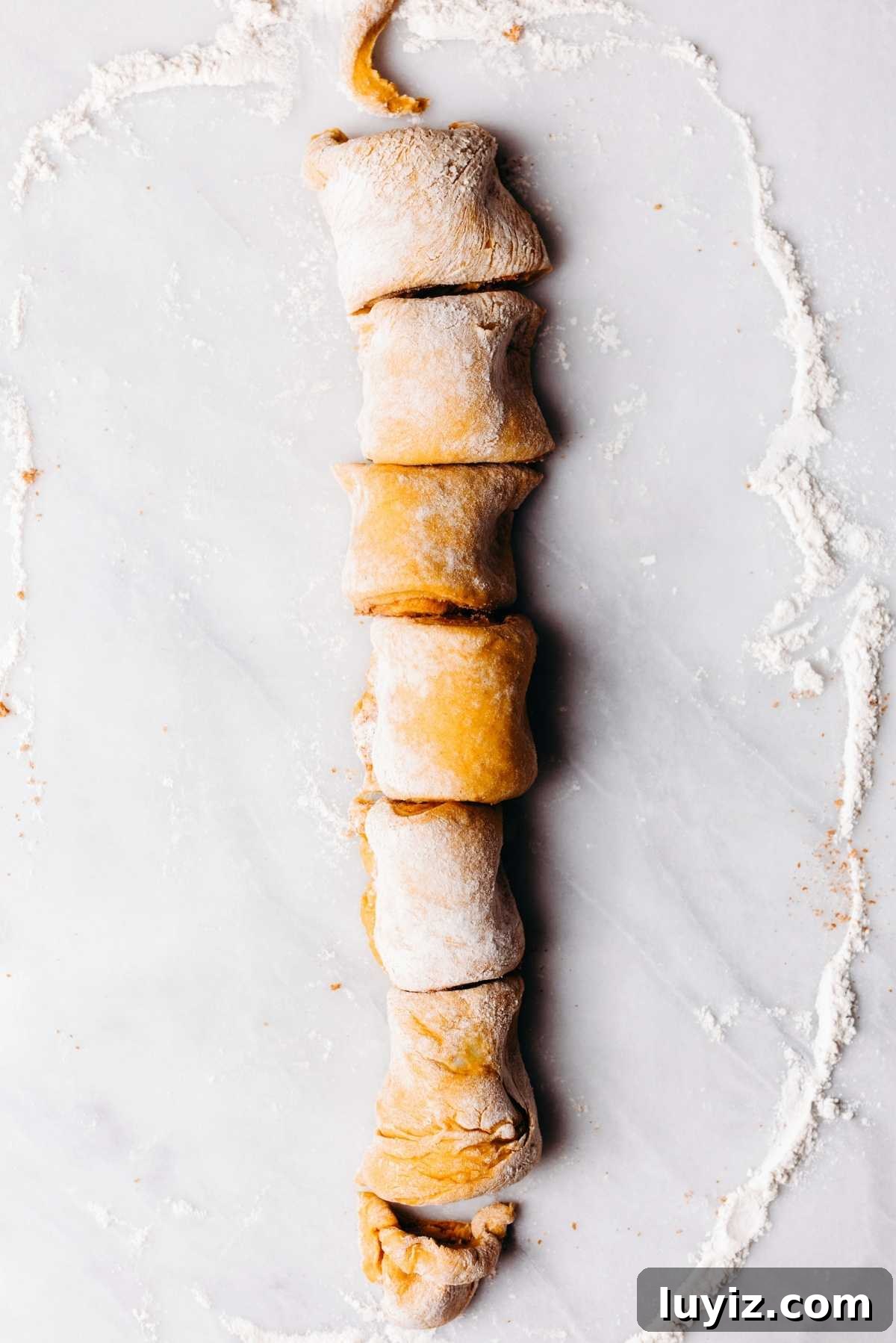 Pumpkin Cinnamon Rolls with Cream Cheese Frosting Recipe 14 Pumpkin cinnamon roll dough sliced into six rolls on a lightly floured white and grey marbled background.