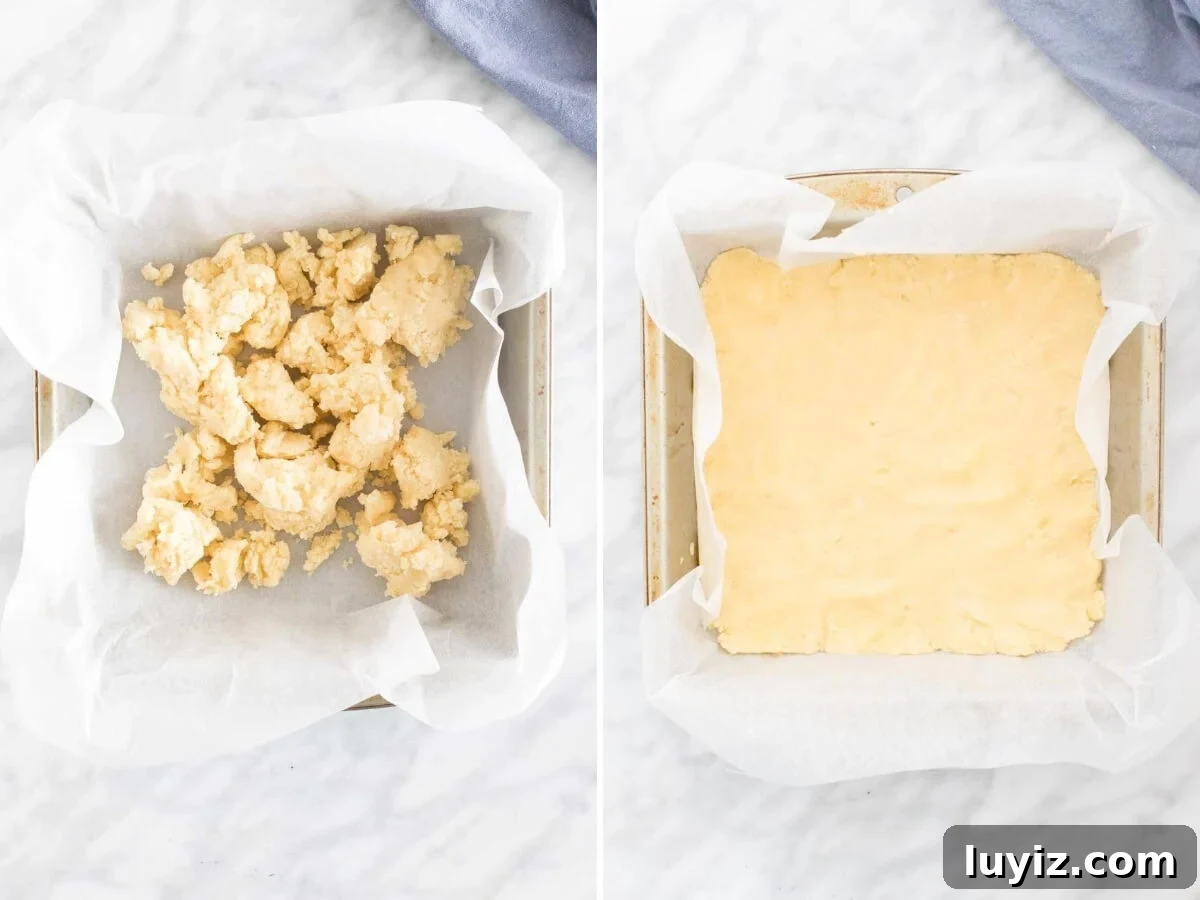 Chewy Apple Crisp Bars with Cinnamon Streusel 4 Shortbread base for apple crisp bars, 2-step collage photos.