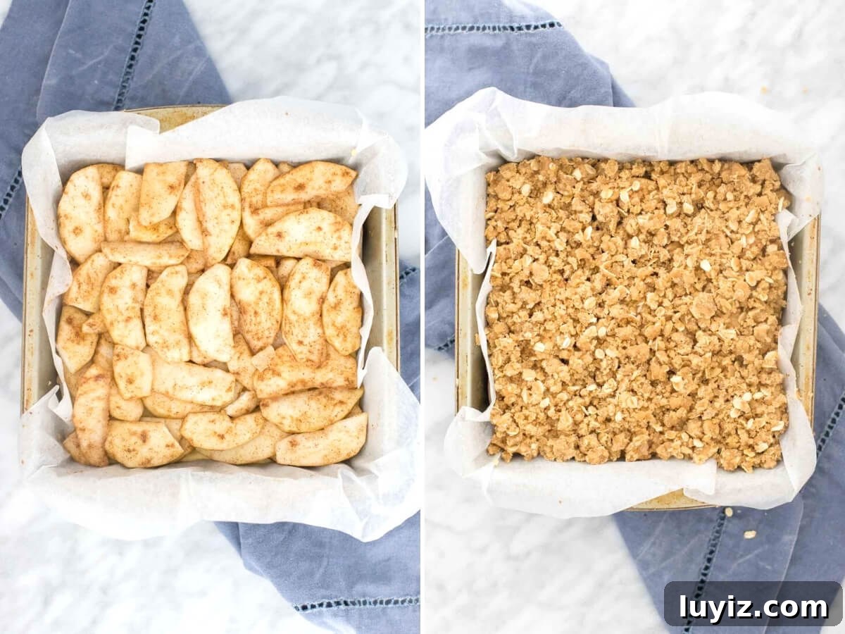 Chewy Apple Crisp Bars with Cinnamon Streusel 5 Collage showing the apple layer and oatmeal crumble topping for apple crisp bars