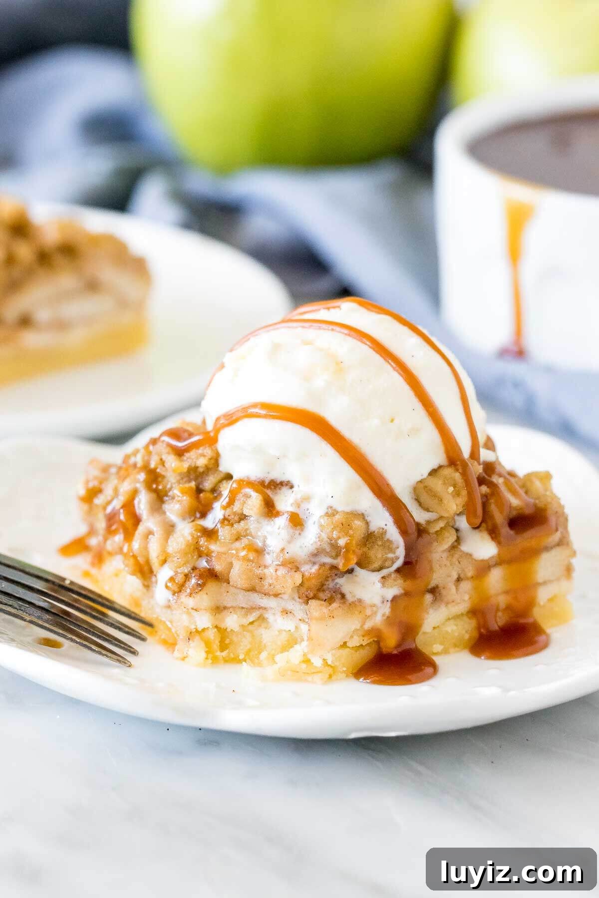 Chewy Apple Crisp Bars with Cinnamon Streusel 6 Apple crisp bar with shortbread crust and a scoop of ice cream on top.