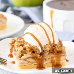 Apple crisp bar with a scoop of ice cream and caramel drizzle on top.