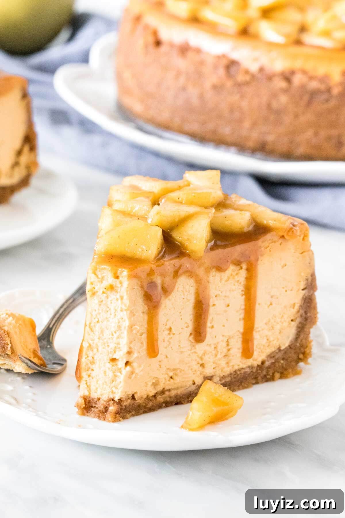 Salted Caramel Apple Cheesecake Recipe with Crunchy Streusel 5 Slice of caramel cheesecake topped with cinnamon apples with a bite taken out of it.