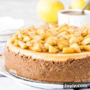 Salted Caramel Apple Cheesecake Recipe with Crunchy Streusel 6 Round cheesecake topped with chopped cinnamon apples on a plate.