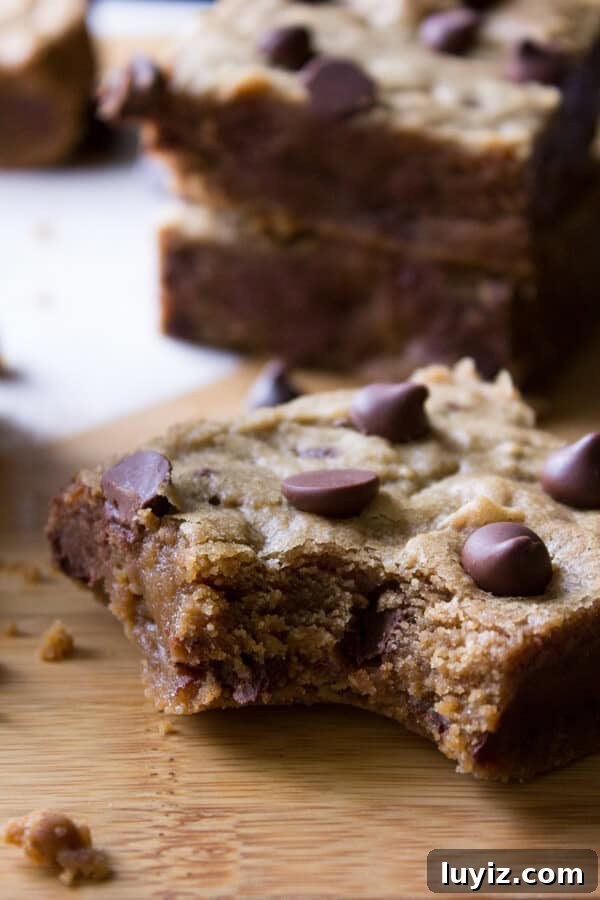 Peanut Butter Blondies. Fudgy, chewy peanut butter blondies filled with chocolate chips.