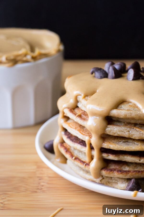 Peanut butter + pancakes. Perfect with chocolate sauce, jam, maple syrup or drizzled with more peanut butter.