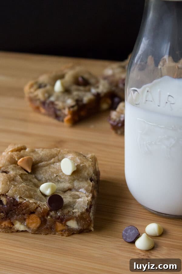 Triple Chip Cookie Bars. Chewy, fudgy & filled with chocolate chips.