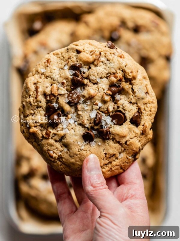 Hot Chocolate Cookies with Mini Marshmallows 10 Hand holding a large almond butter chocolate chip pecan cookie.