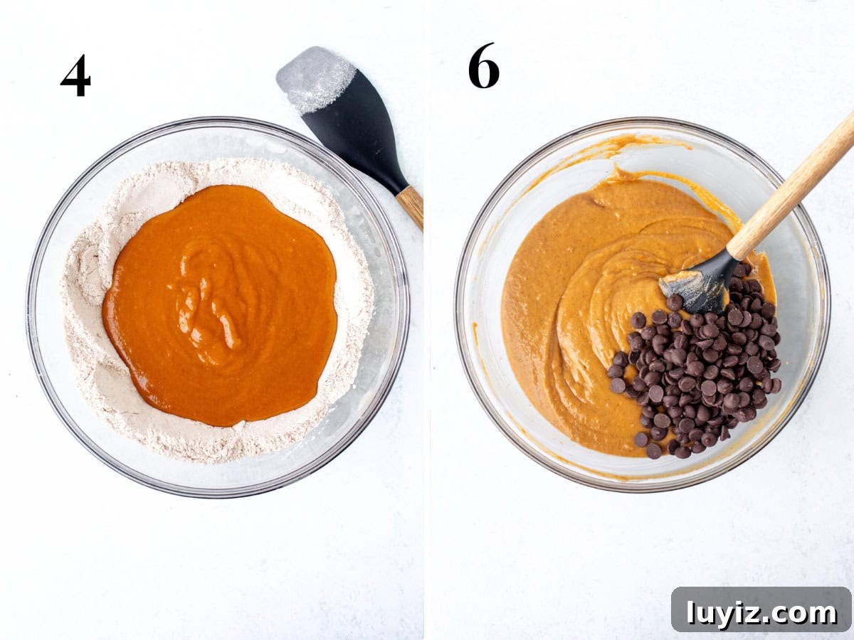 Pumpkin Chocolate Chip Loaf Recipe: Moist Spiced Quick Bread 5 Wet ingredients poured into bowl of dry ingredients, and pumpkin bread batter with chocolate chips