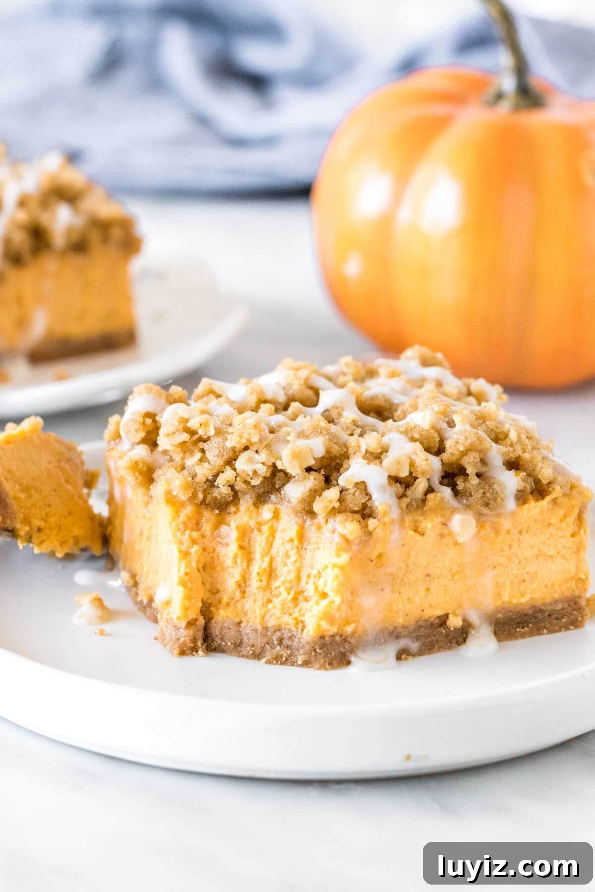 Pumpkin Streusel Bars Recipe — Perfect Fall Dessert Bars 5 Slice of pumpkin cheesecake bars with oatmeal topping on a plate.