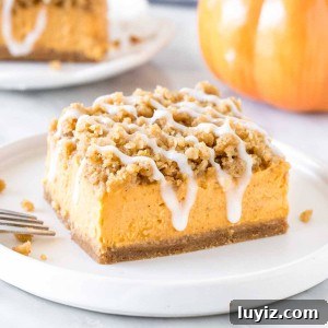 Pumpkin Streusel Bars Recipe — Perfect Fall Dessert Bars 6 A square piece of pumpkin cheesecake streusel bars on a plate.