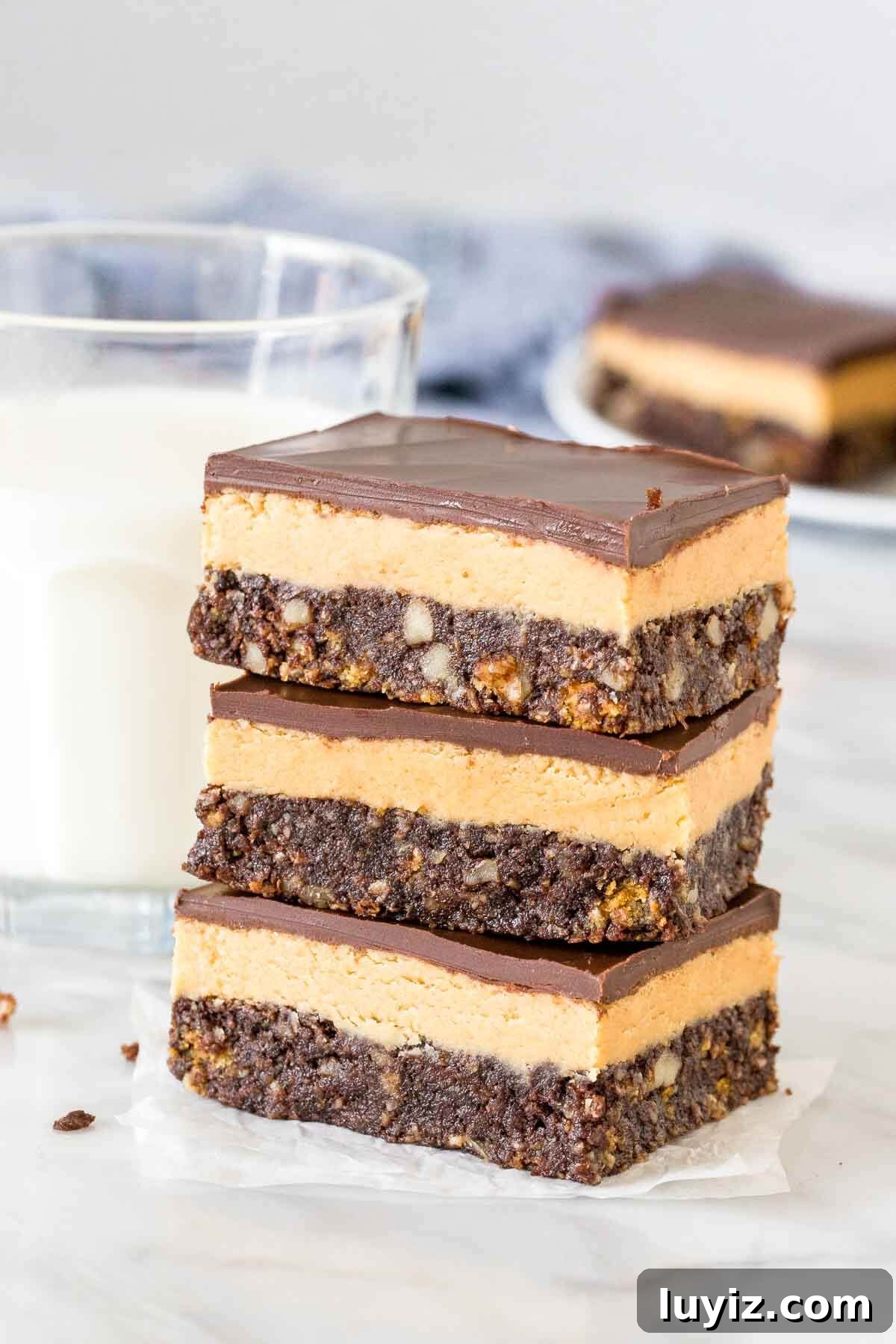 Peanut Butter Nanaimo Bars Recipe: No-Bake Cheesecake-Style Squares 2 A stack of 3 peanut butter nanaimo bars with a glass of milk.