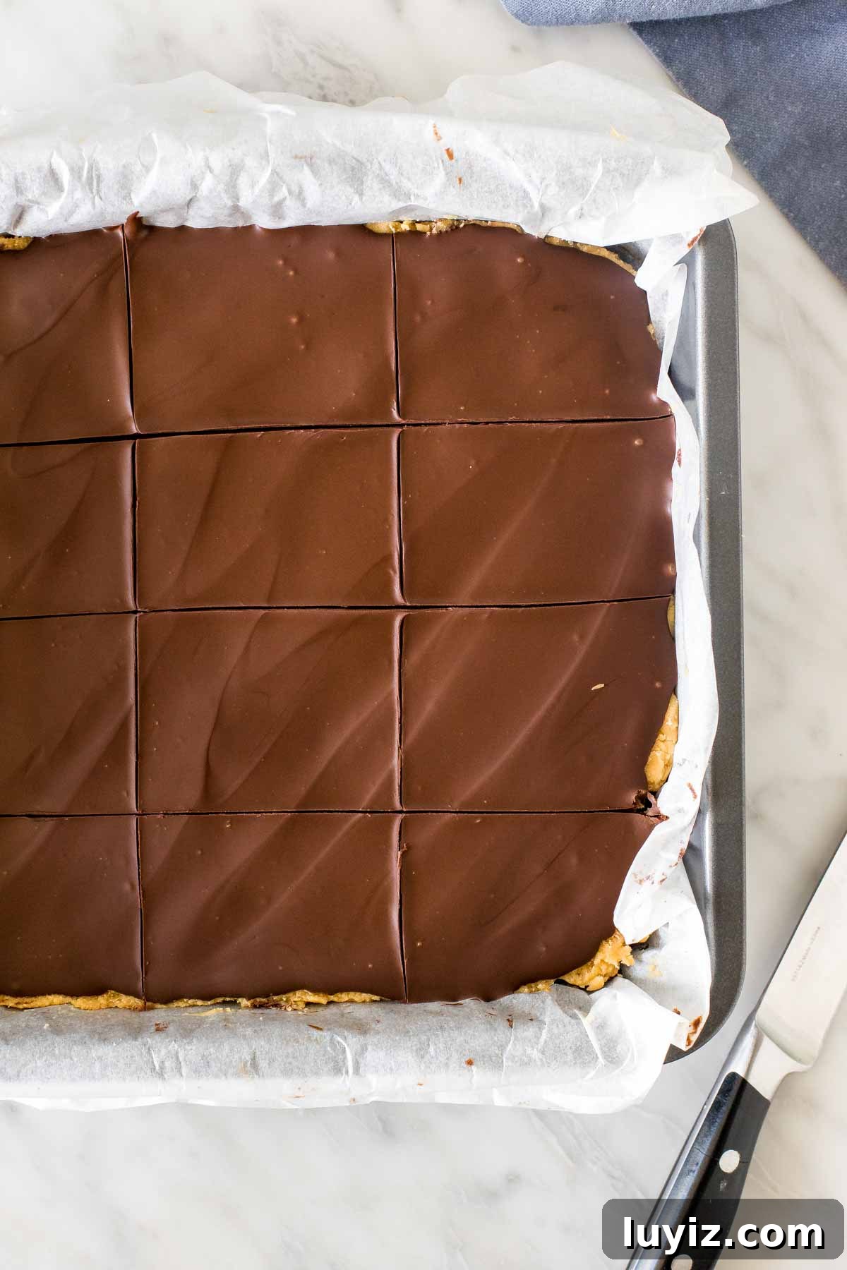 Peanut Butter Nanaimo Bars Recipe: No-Bake Cheesecake-Style Squares 5 8x8 inch pan of Nanaimo bars, with chocolate topping scored with a knife.