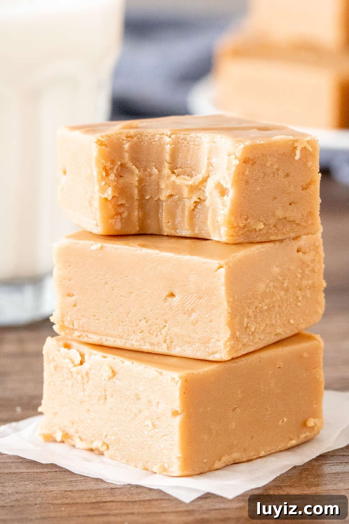Rich Caramel Fudge Made with Condensed Milk 5 3 pieces of caramel fudge, stacked on top of each other