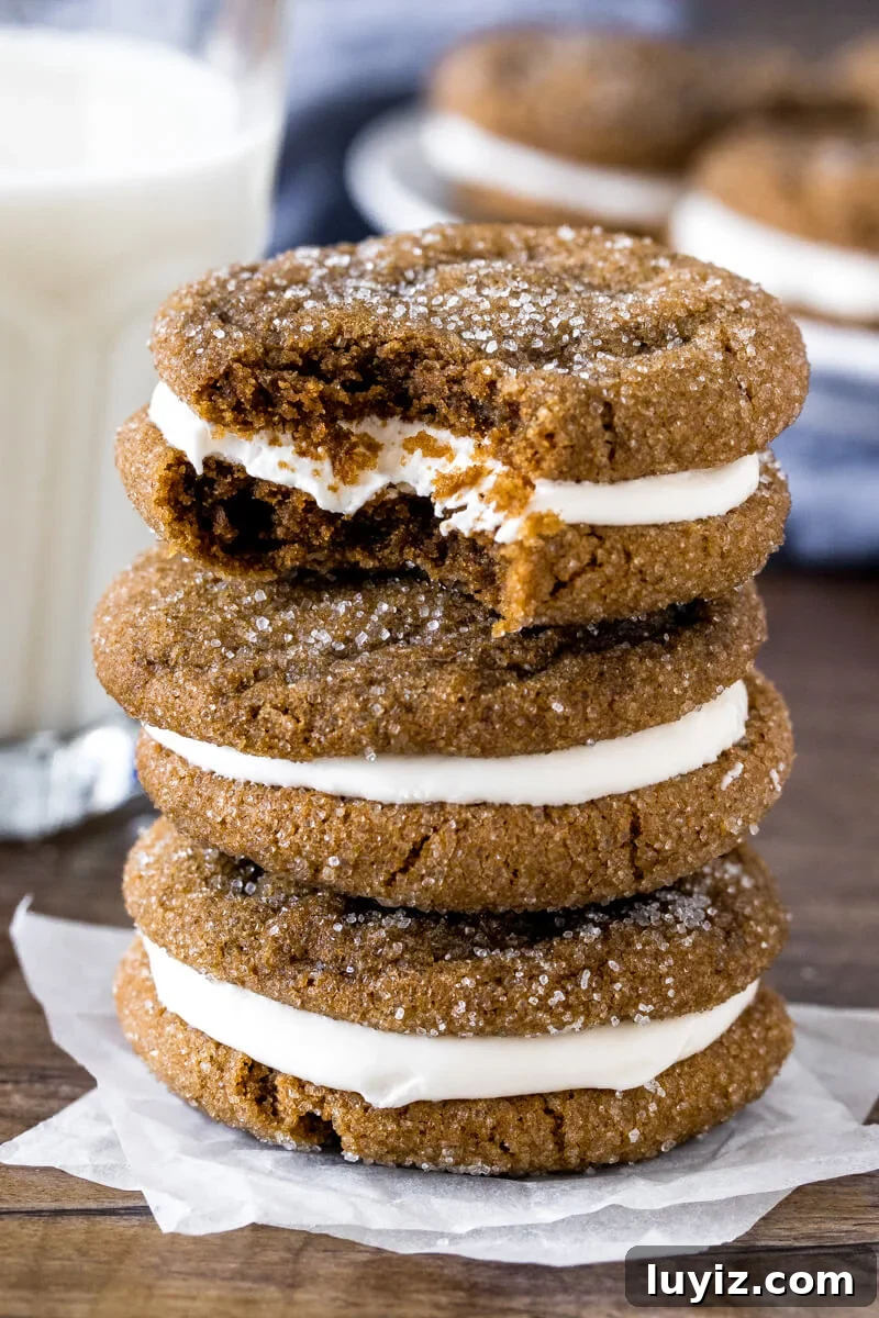 Molasses Cream Pie Cookies Recipe — Soft Spiced Cookie Sandwiches 4 Stack of 3 ginger molasses sandwich cookies, with a bite taken out of the top cookie.