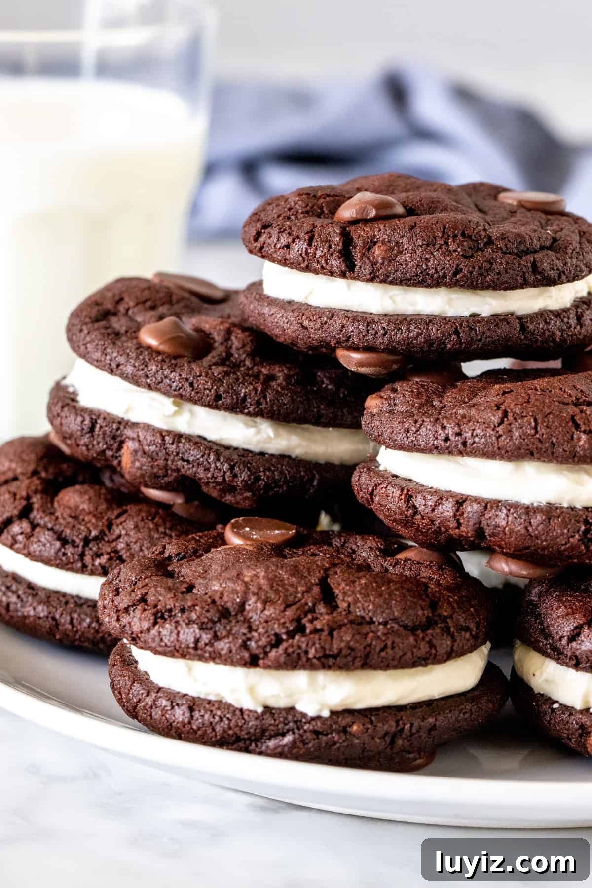 Ultimate Chocolate Sandwich Cookie Recipe for Perfect Cookies 2 Plate of chocolate sandwich cookies with a glass of milk.