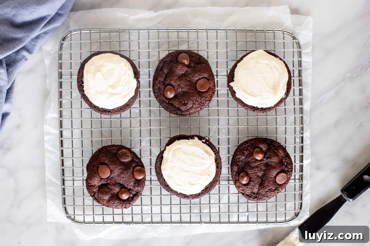 Ultimate Chocolate Sandwich Cookie Recipe for Perfect Cookies 3 Chocolate cookies on a wire cooling rack with vanilla frosting.