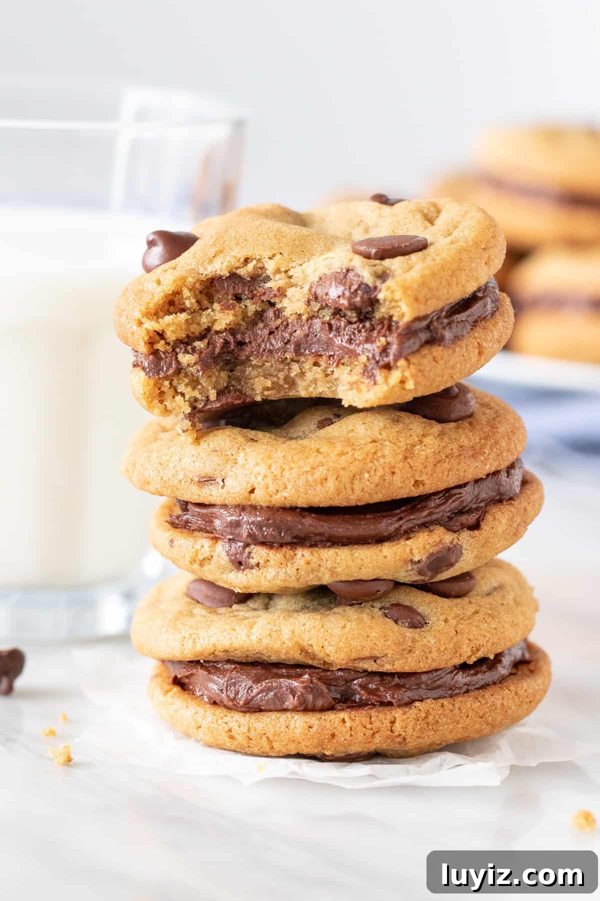 Chewy Chocolate Chip Sandwich Cookies Recipe for Homemade Treats 4 Stack of 3 sandwich cookies with chocolate frosting in the middle.