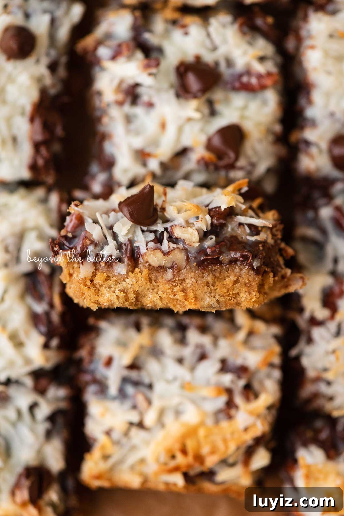 7-Layer Magic Cookie Bars Recipe (Classic Dessert Bars) 8 Sliced 7 layer magic cookie bars with center bar on its side | © Beyond the Butter®