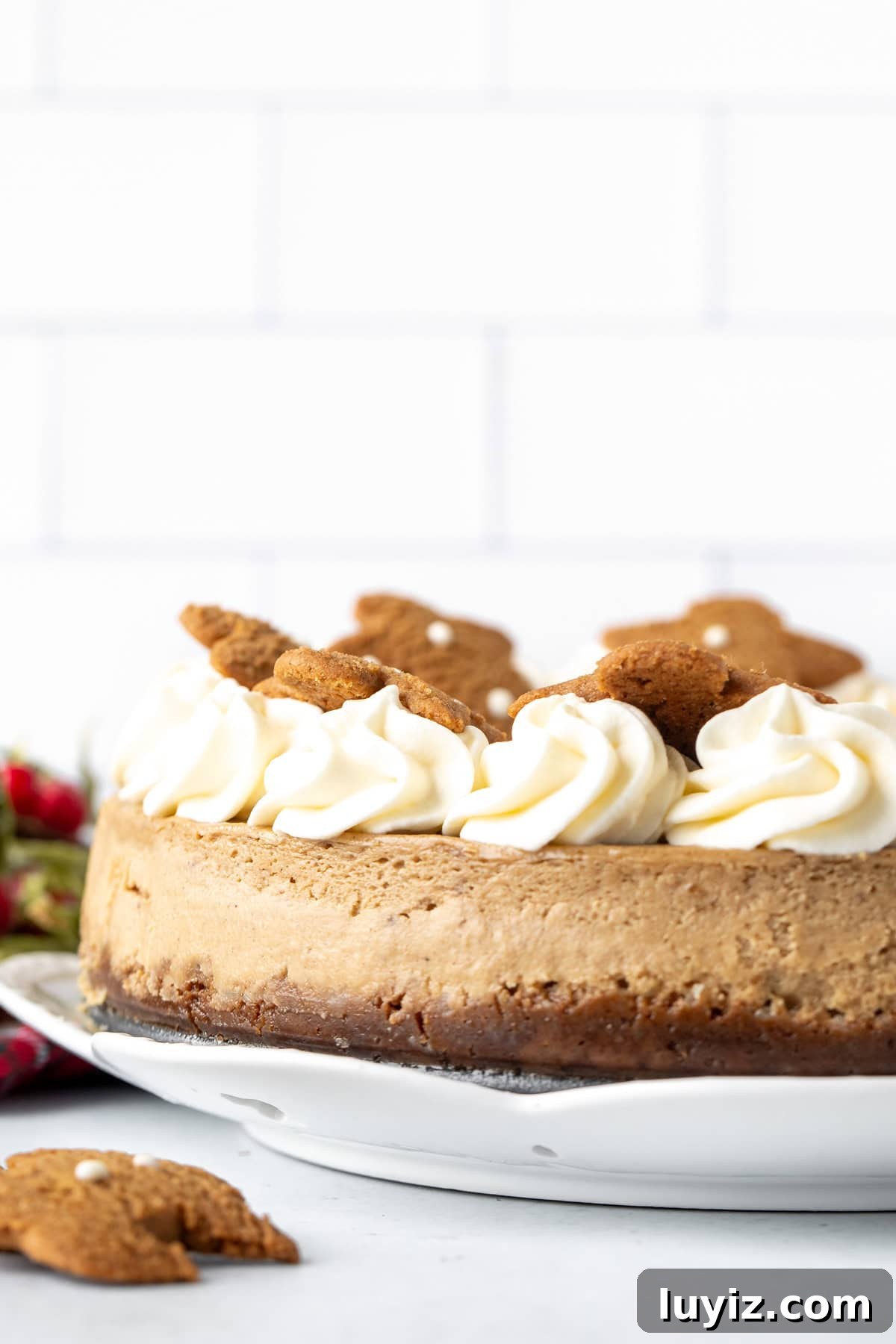 Gingerbread Cheesecake Recipe with Spiced Graham Crust 3 9-inch round gingerbread cheesecake topped with whipped cream rosettes around the edges and gingerbread men cookies