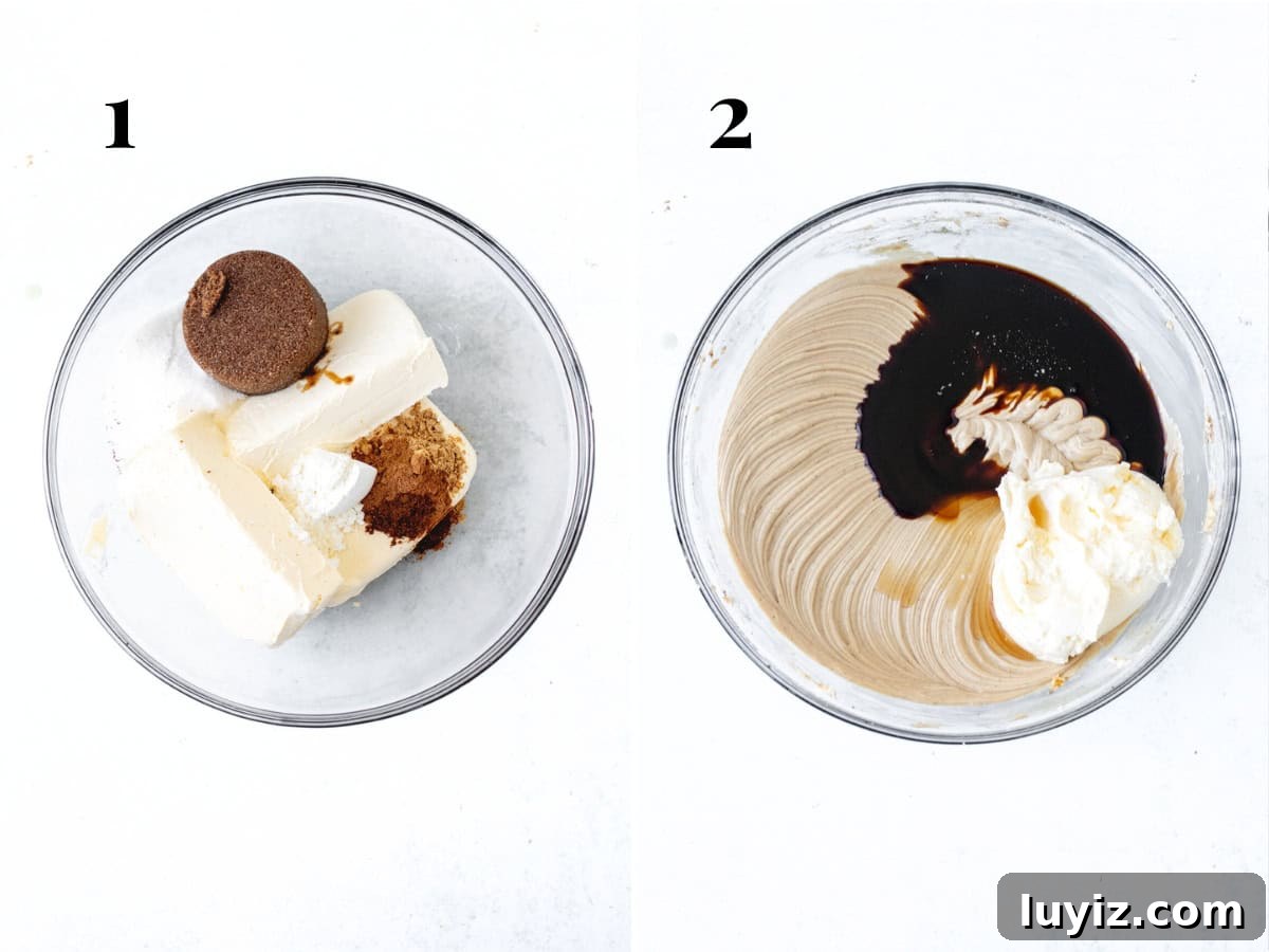 Gingerbread Cheesecake Recipe with Spiced Graham Crust 5 Bowl of cream cheese, spices and sugars, and bowl of cream cheese spices and sugars mixed together with sour cream and molasses added