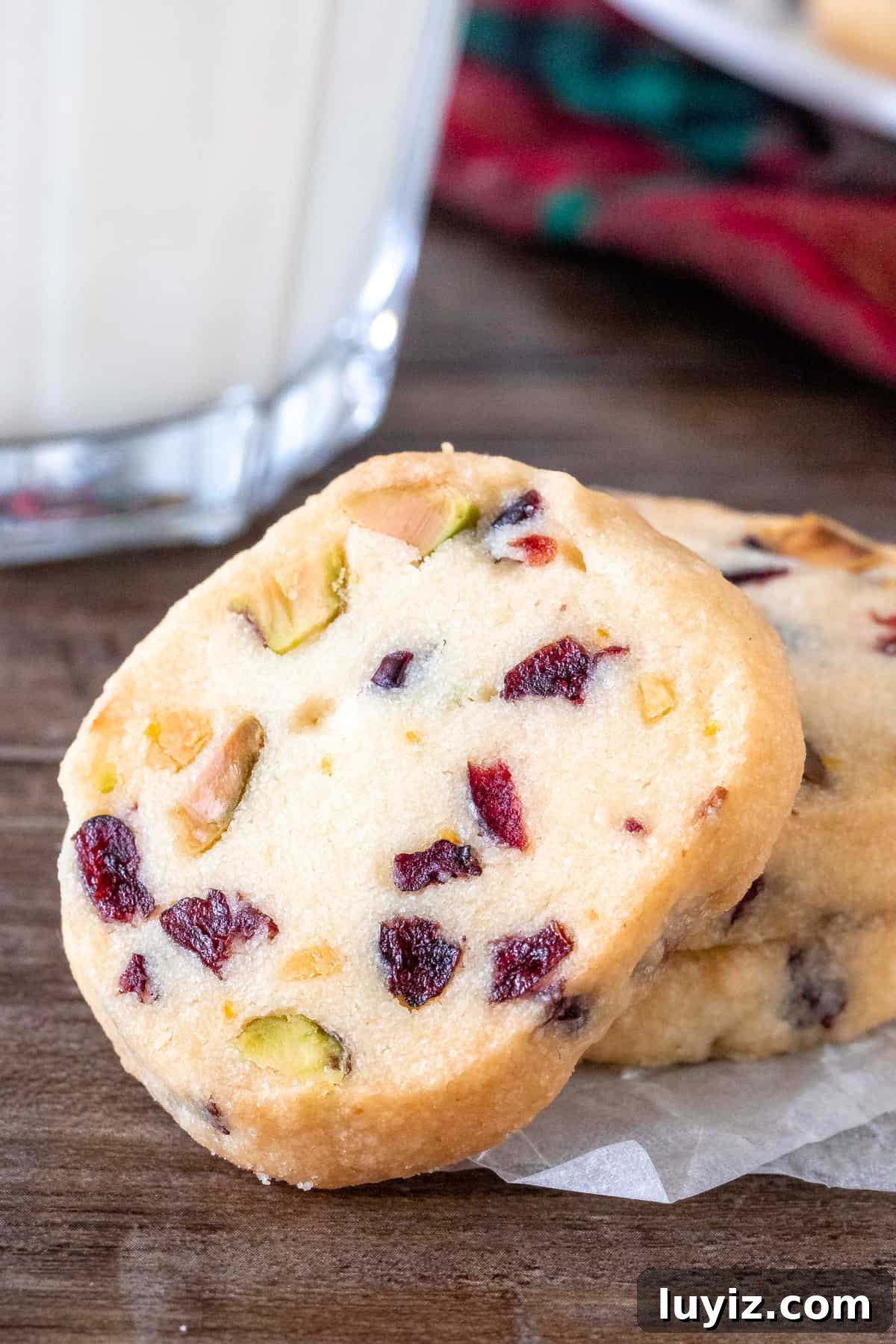 Cranberry Pistachio Shortbread Cookies Recipe 2 Cranberry pistachio shortbread with a glass of milk