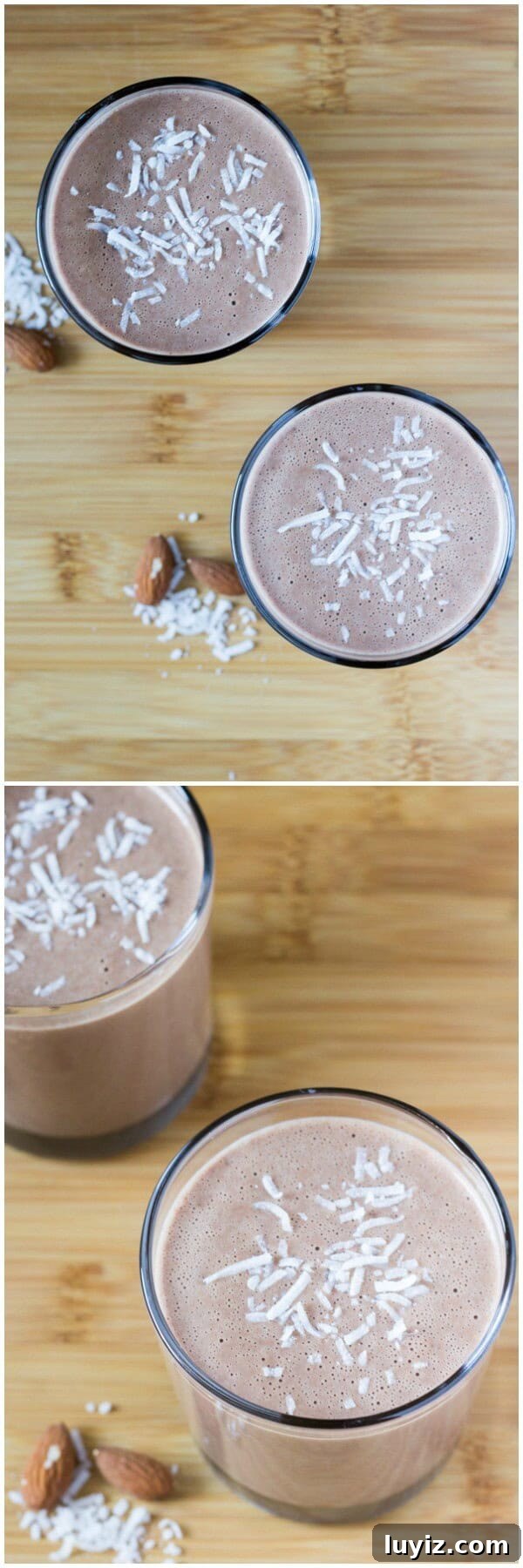 Chocolate Almond Coconut Shake Recipe for Creamy Vegan Smoothies 3 Chocolate, almonds & coconut come together in this deliciously healthy breakfast shake. Plus - it's dairy free, gluten free, has no refined sugars & is vegan. www.justsotasty.com