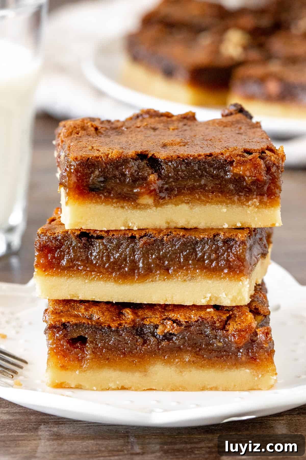 Classic Butter Tart Squares Recipe — Gooey Canadian Dessert 2 Stack of three butter tart squares on a plate.