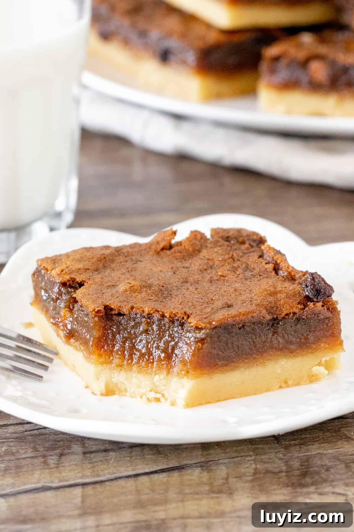 Classic Butter Tart Squares Recipe — Gooey Canadian Dessert 4 Shortbread bar with brown sugar layer on top with a bite taken out of it.
